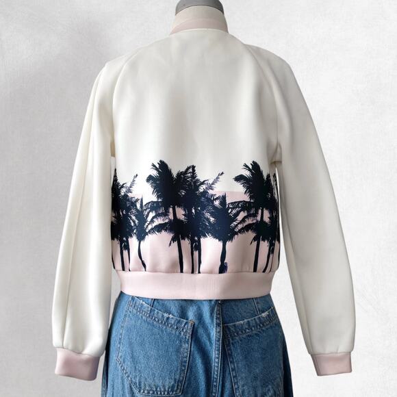 Missguided Neoprene Cropped Bomber Jacket 4 Palm Tree Pastel Pink White Black - Picture 4 of 9